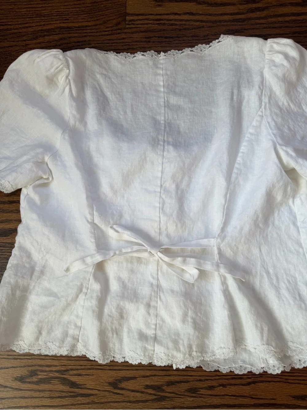 Reformation White Linen Lace-Trim Puff Sleeve Blouse